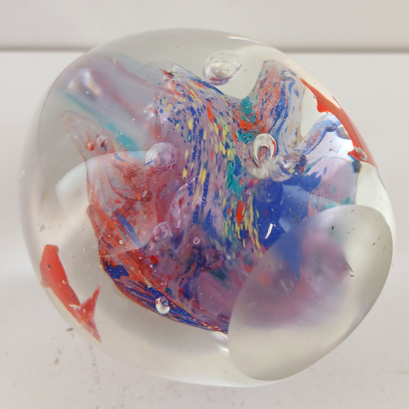 Art Glass Hand Blown Paperweight Teardrop Shape w/ Fish Blue Red Swirl Decor 4" - Picture 4 of 7